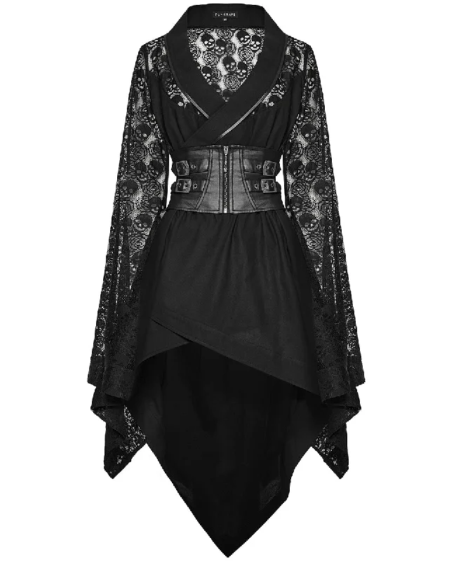 Punk Rave Womens Dark Gothic Skull Lace Belted Kimono Dress Jacket Collared Jacket Crew Neck Jacket Turtle Neck Jacket