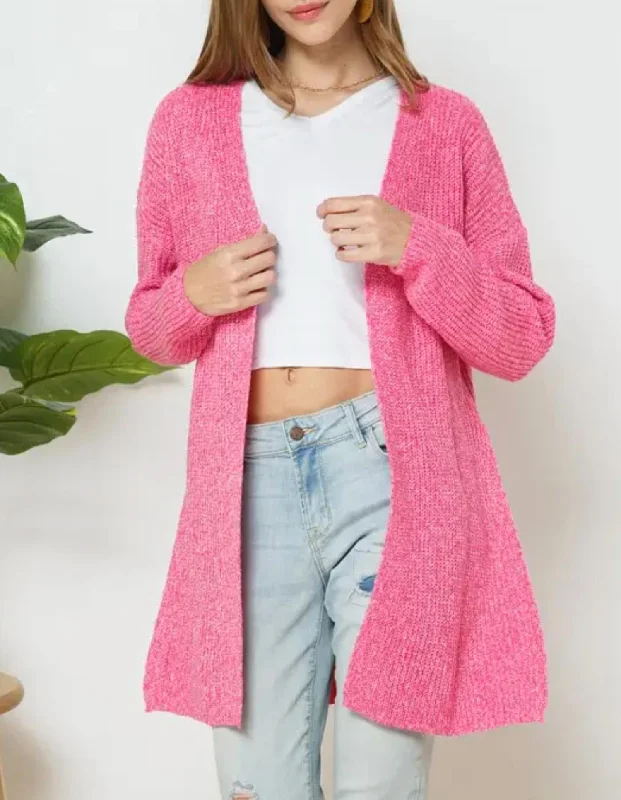 Ribbed-Knit Open-Front Cardigan In Hot Pink Fleece Cardigan Nylon Polyester