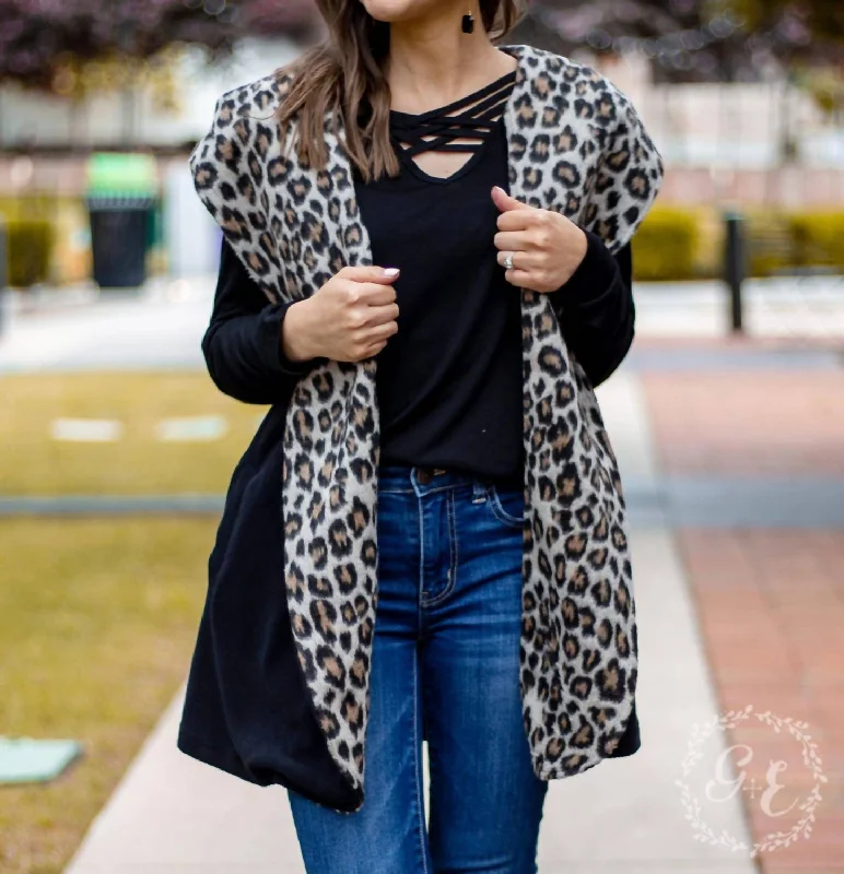 Warm And Together With Leopard Vest Cardigan In Black Knit Fabric Woven Fabric Fleece Fabric