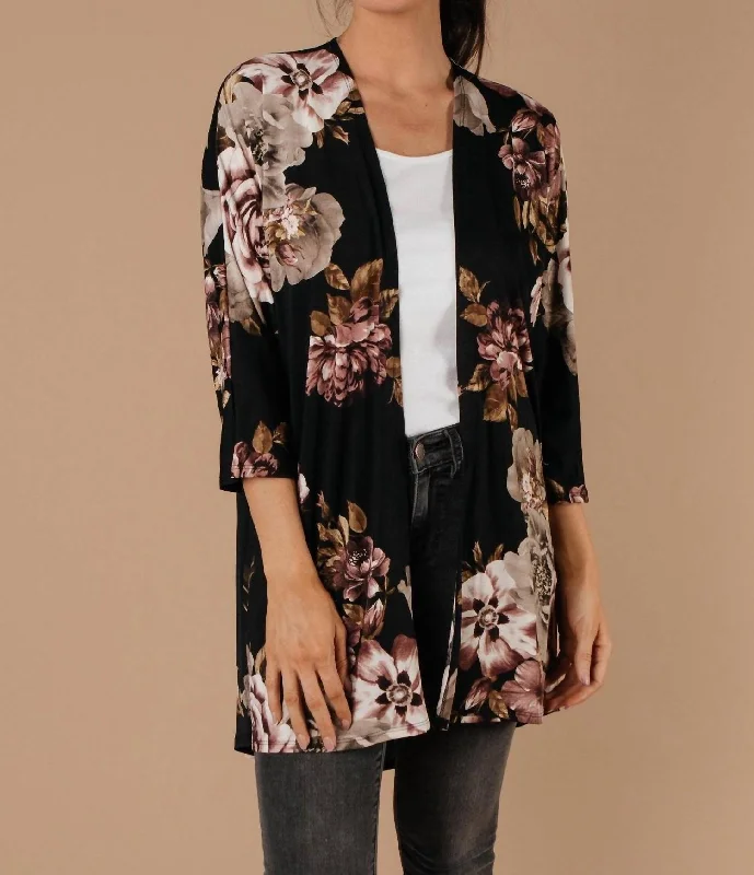 Dora Floral Cardigan In Black Welt Pockets Slit Pockets Flap Pockets