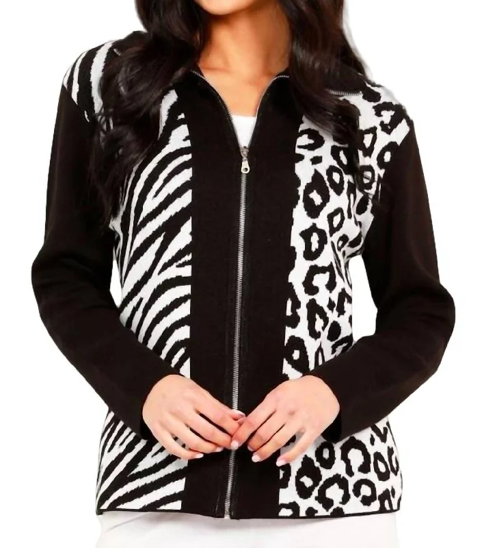 Animal Print Zip Cardigan In Black/white Bright Pastel Dark