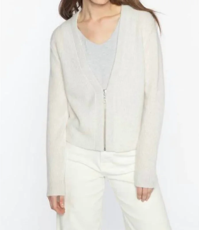 Cashmere Crop Lurex Trim Zip Cardigan In Whisper Fleece Fabric Down Fabric Feather Fabric