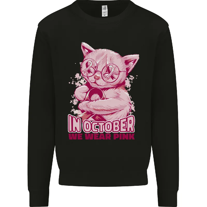 Breast Cancer Awareness October Cat Mens Sweatshirt Jumper Hoodie with Rhinestones Sparkly Elegant