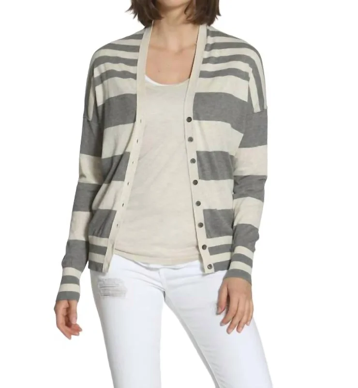 Striped Cotton Cardigan In Grey/ecru Lightweight Heavyweight Midweight