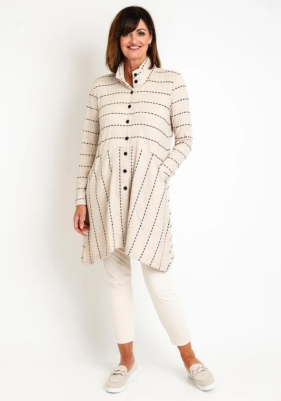 Ever Sassy Stitch Stripe Ribbed Long Cardigan, Beige Handmade Hand-knitted Hand-woven