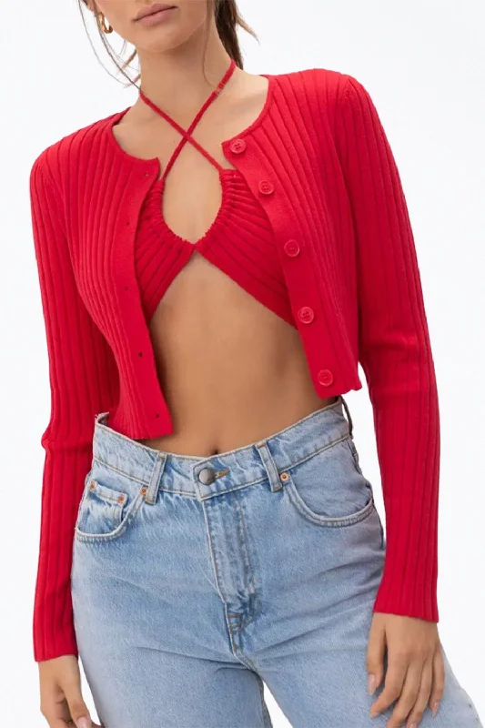 Cropped Ribbed-Knit Cardigan In Red Patchwork Embroidered Appliqued