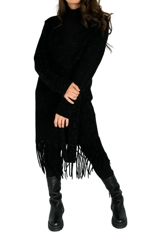 Riva Fringe Cardigan In Black Toggled Drawstring Belted