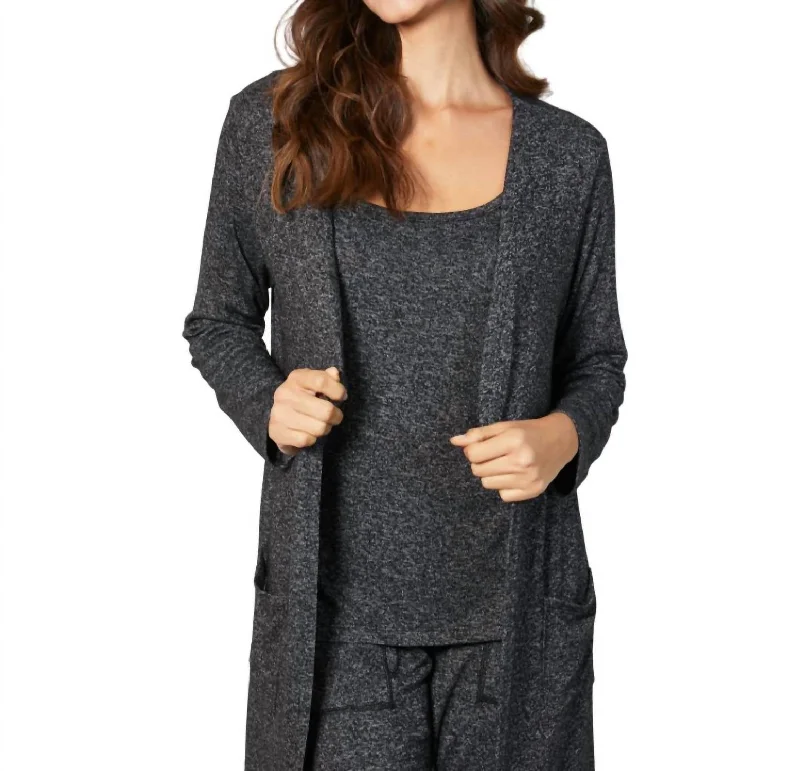 Pocket Duster Cardigan In Steel Zippered Front Buttoned Front Snap Front