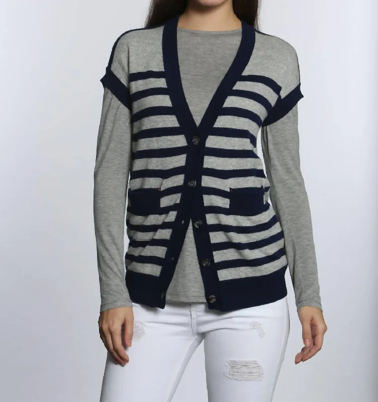 Luxe Striped Cardigan In Grey/navy Iron Safe Non-Iron Wrinkle Free