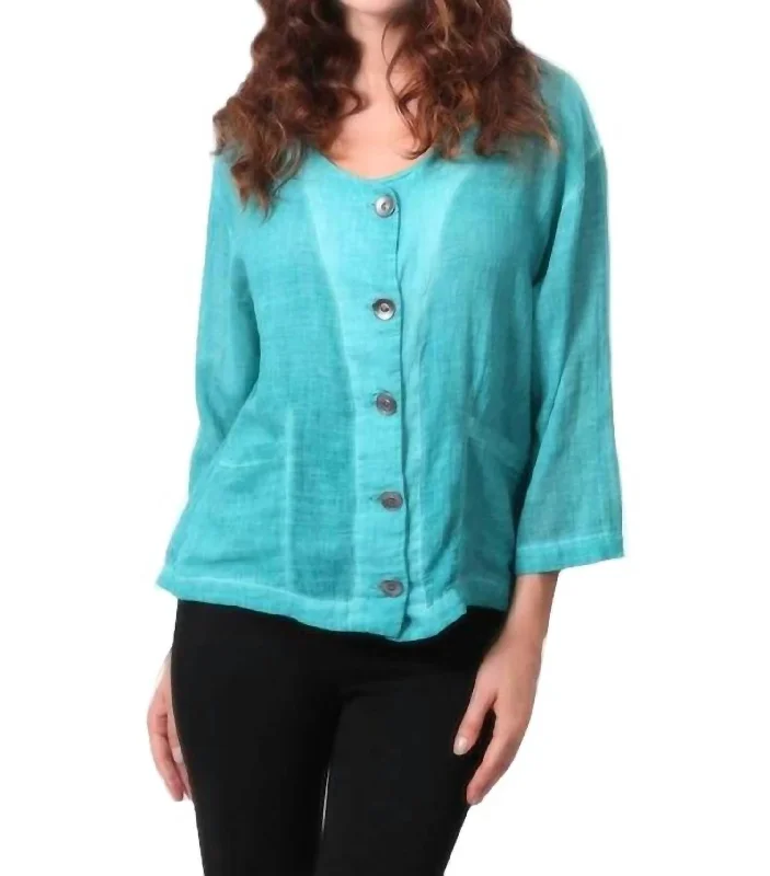 Oil Wash Pocket Cardigan In Teal Glossy Satin Silk