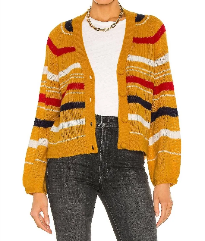 Sailing Cardigan In Golden Yellow Stripe Velvet Chenille Corduroy