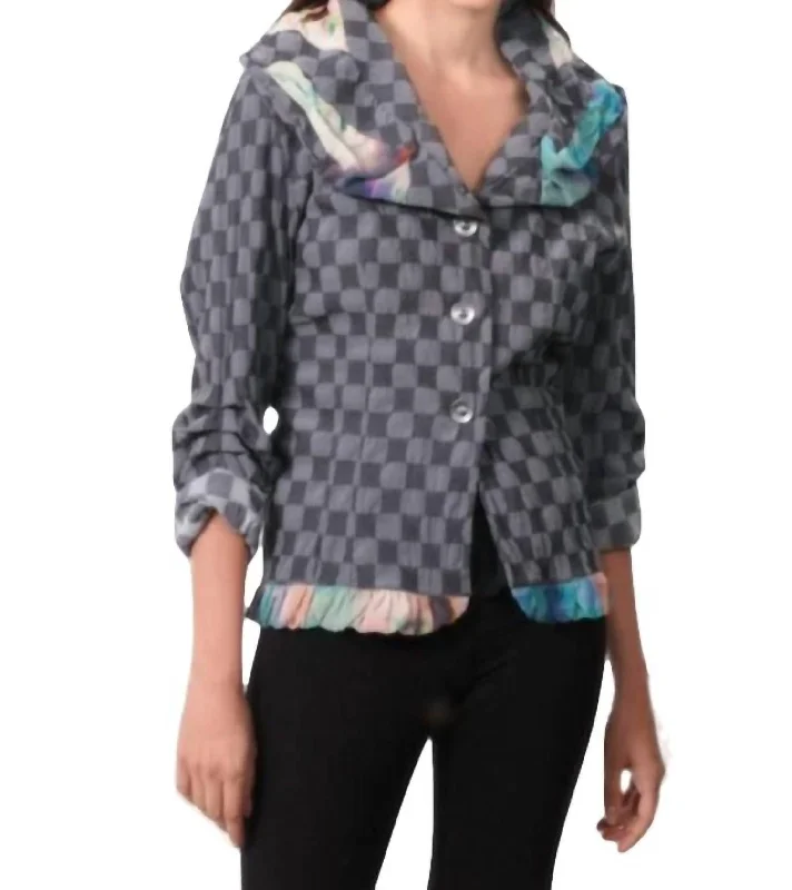 Checkerboard Ruffled Cardigan In Gray/black Crew Neck V-Neck Turtle Neck