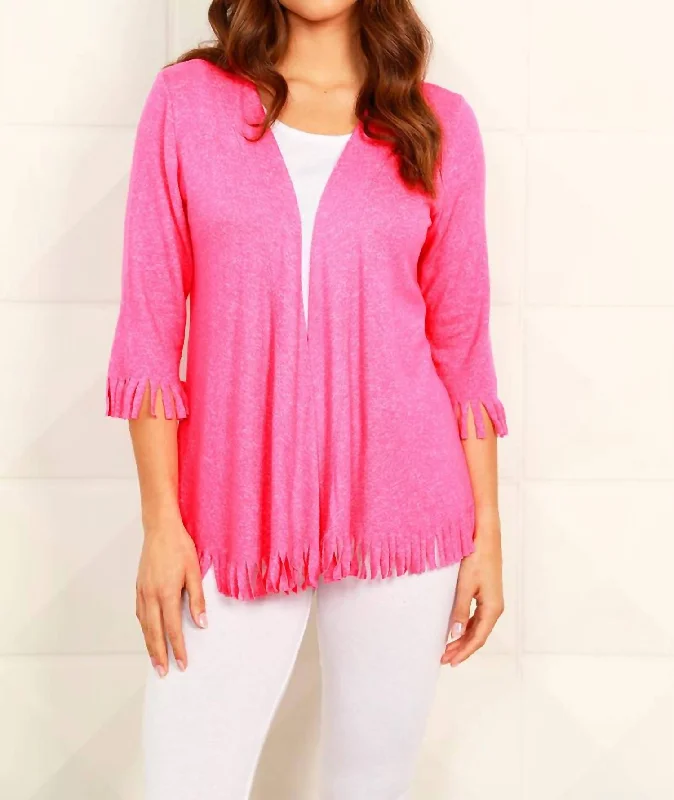 Soft Stretch 3/4 Sleeve Fringe Cardigan In Candy Anti-Pilling Anti-Shrink Durable