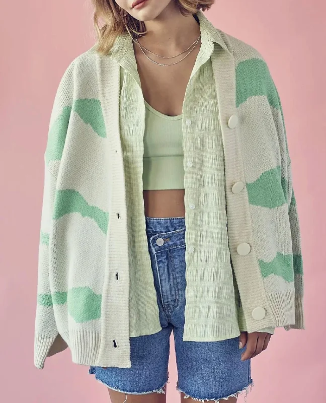 Two-Tone Wavy Stripe Knit Cardigan In Green Terry Terry Cloth Terry Knit