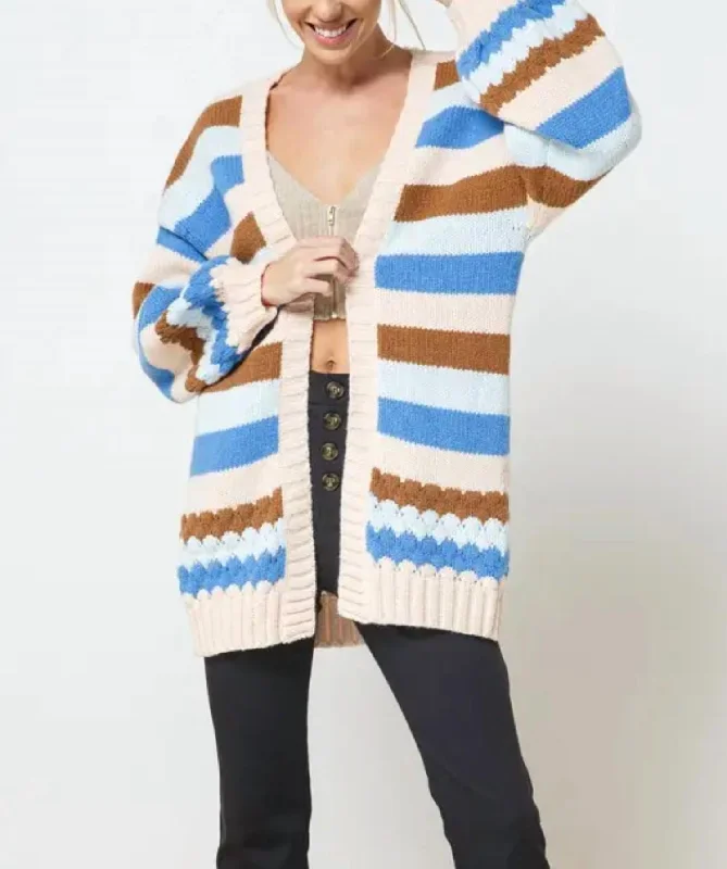 Multicolor Striped Open-Front Cardigan In Blue/cream/brown/light Blue Oversized Loose Flowy