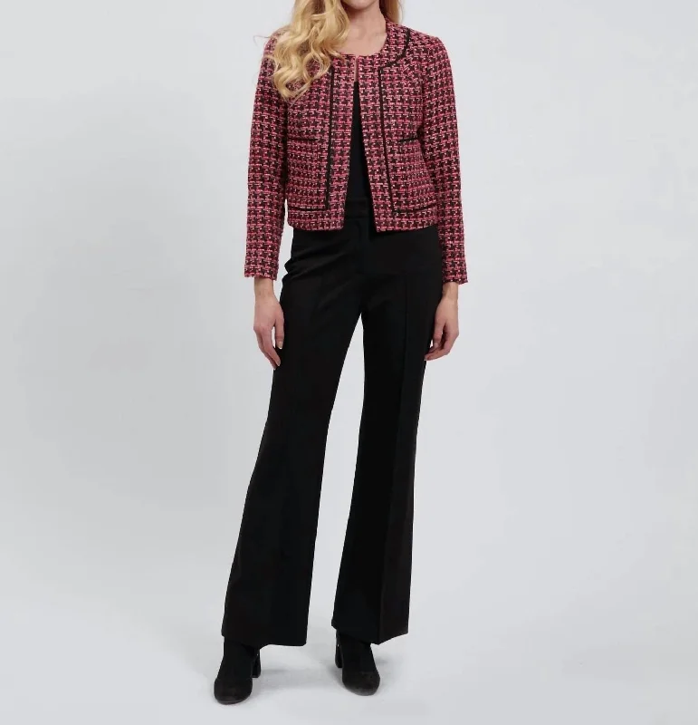 Boucle Cardigan In Red/pink Houndstooth Herringbone Solid