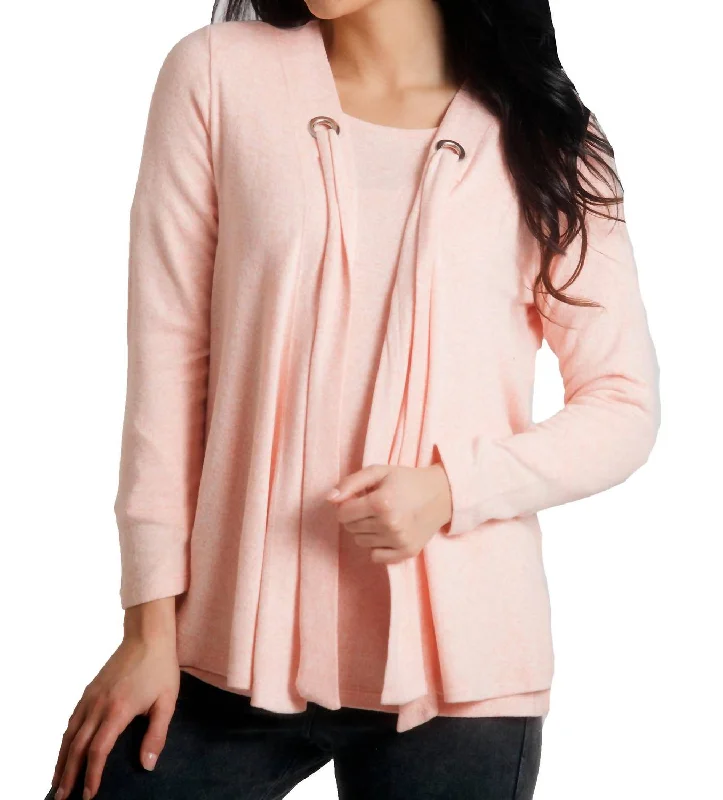 Nikki Kashmira Grommet Open Cardigan In Peach Hooded Cardigan Collared Cardigan Shawl Collar