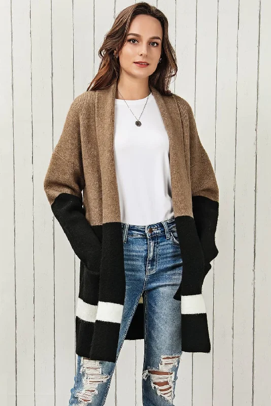 Color Block Dropped Shoulder Longline Cardigan Elegant Classic Vintage