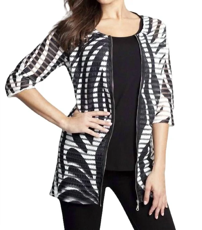 Textured Wave Long Cardigan In Black/white Soft Cozy Warm