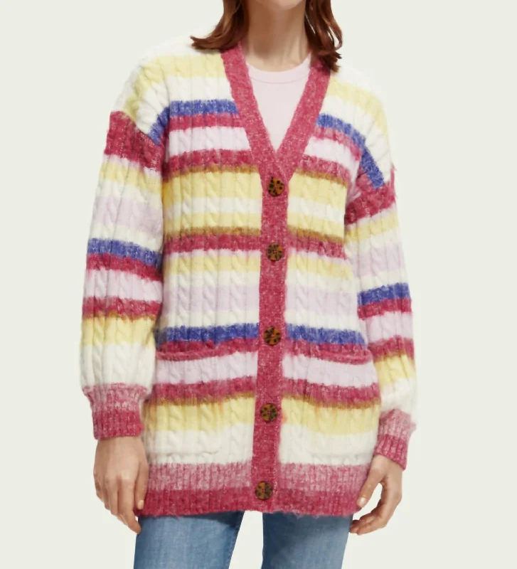 Brushed Mixed Stripe Mid Length Cardigan In Cherry Pie Hooded Caped Shawl Collar