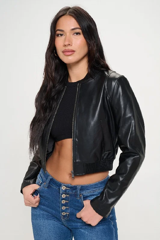 Vegan Leather Minimalistic bomber Jacket in Black Faux Fur Jacket Real Fur Jacket Shearling Jacket