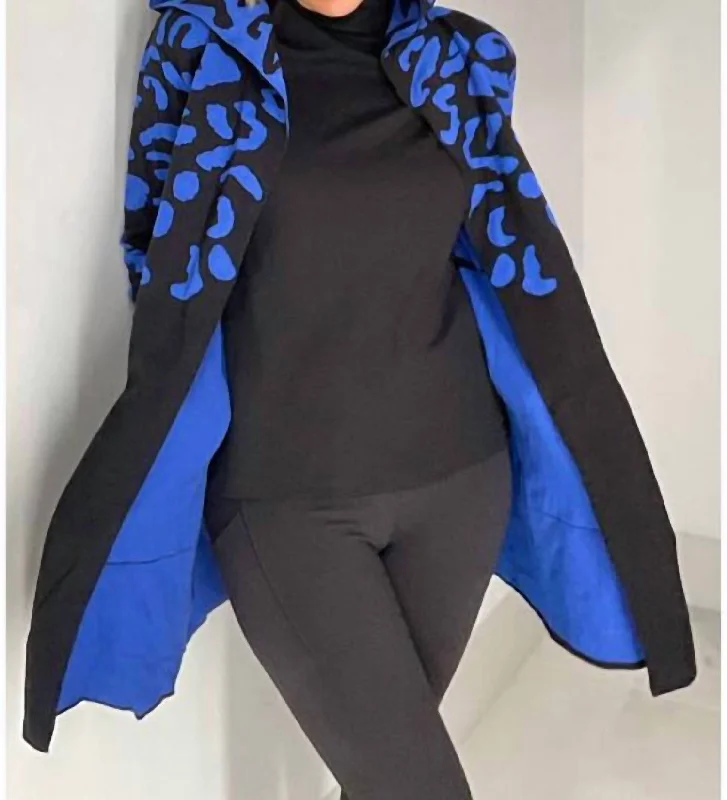 Animal Cardigan W/ Hood In Royal And Black Boat Neck Shawl Collar Notched Collar