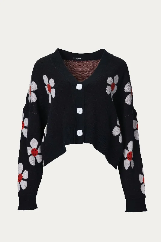 Cropped Retro Floral Cardigan In Black Spandex Rayon Corduroy