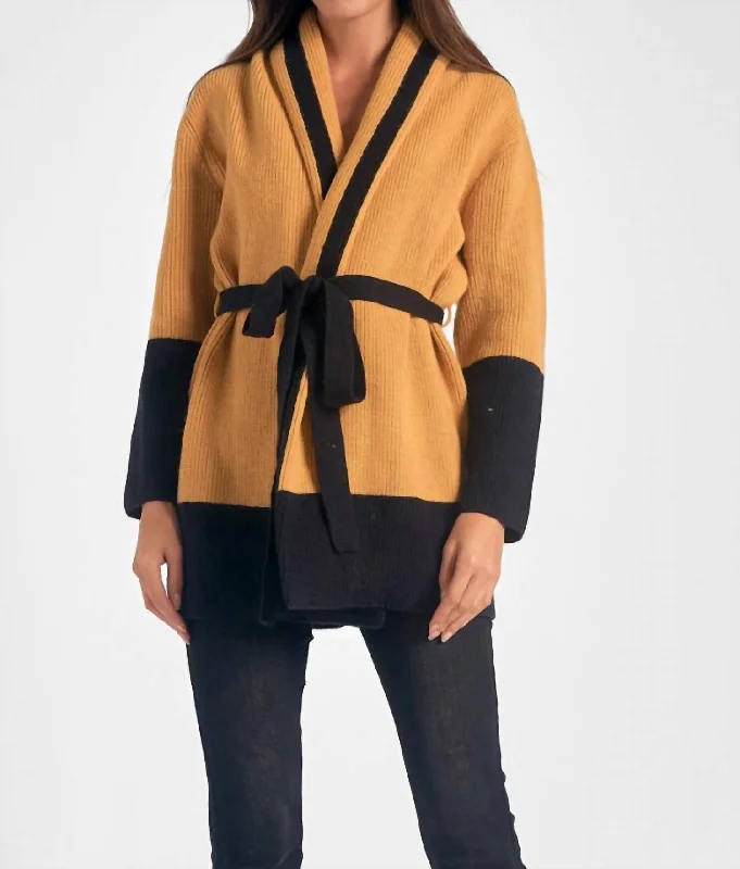 Belted Color Block Cardigan In Curry/black Silk Blend Satin Velvet