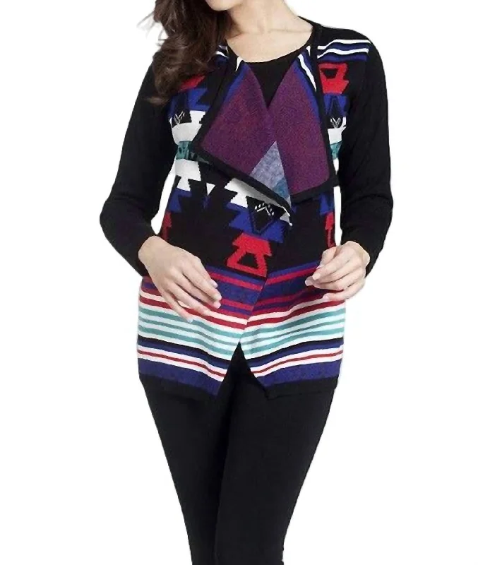 Southwest Draped Cardigan In Black Multi Fitted Slim Tailored