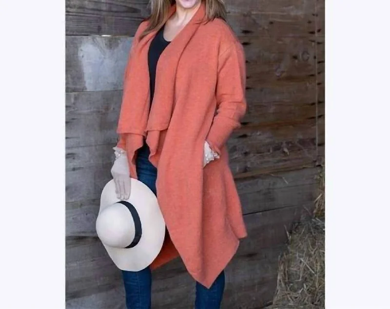 Long Open Front Cardigan In Coral Orange Rust Tailored Straight A-Line