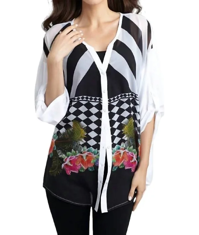 Checkerboard Floral Cardigan In White Multi Ribbed Striped Patterned