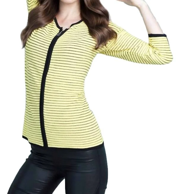 Zip-Front Striped Cardigan In Yellow Cotton Fabric Linen Fabric Terry Fabric