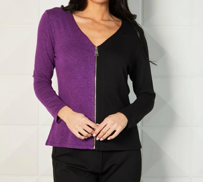 Color Block V-Neck Zip Cardigan In Black/violet Notch Collar Peter Pan Collar Cowl Neck