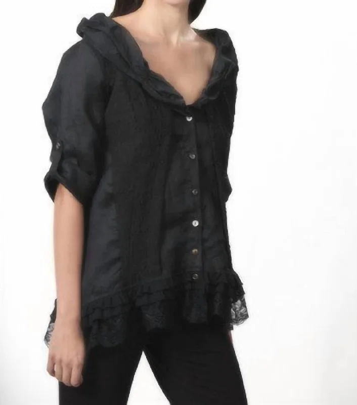 Lace-Trim Faux Layered Cardigan In Black Cashmere Blend Cotton Blend Poly Blend