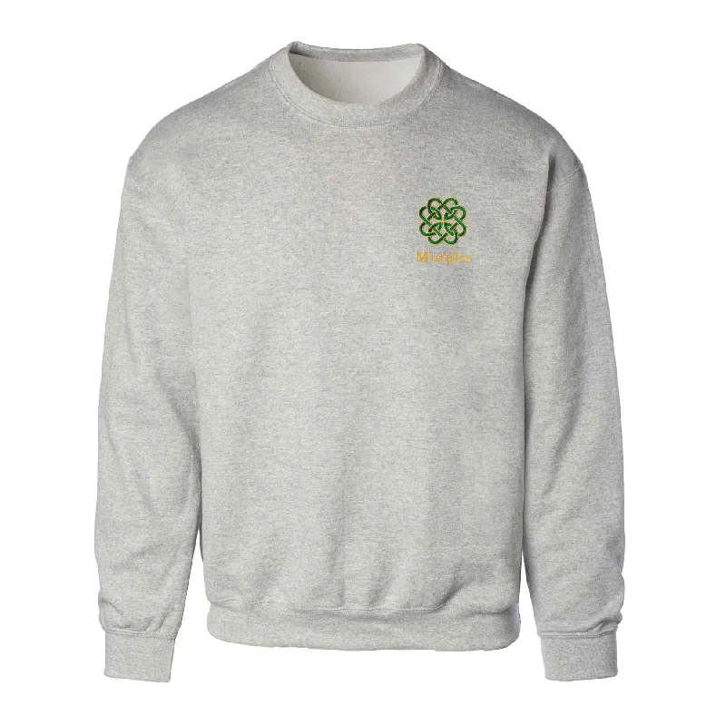 Celtic Clover Knot Embroidered Personalized Sweatshirt- Gray Hoodie with Drawstring Waist Adjustable Fitted