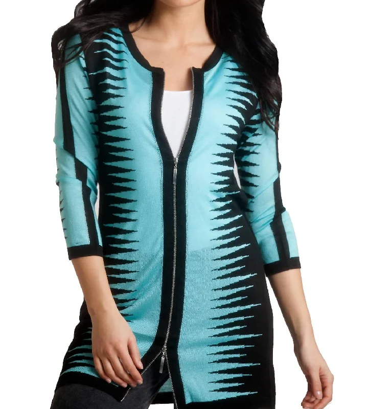 Zig-Zag Zip Long Cardigan In Black/aqua Casual Formal Business