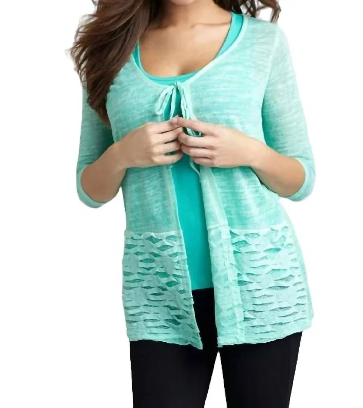 Tie-Front Melange Cardigan In Teal Thin Thick Dense