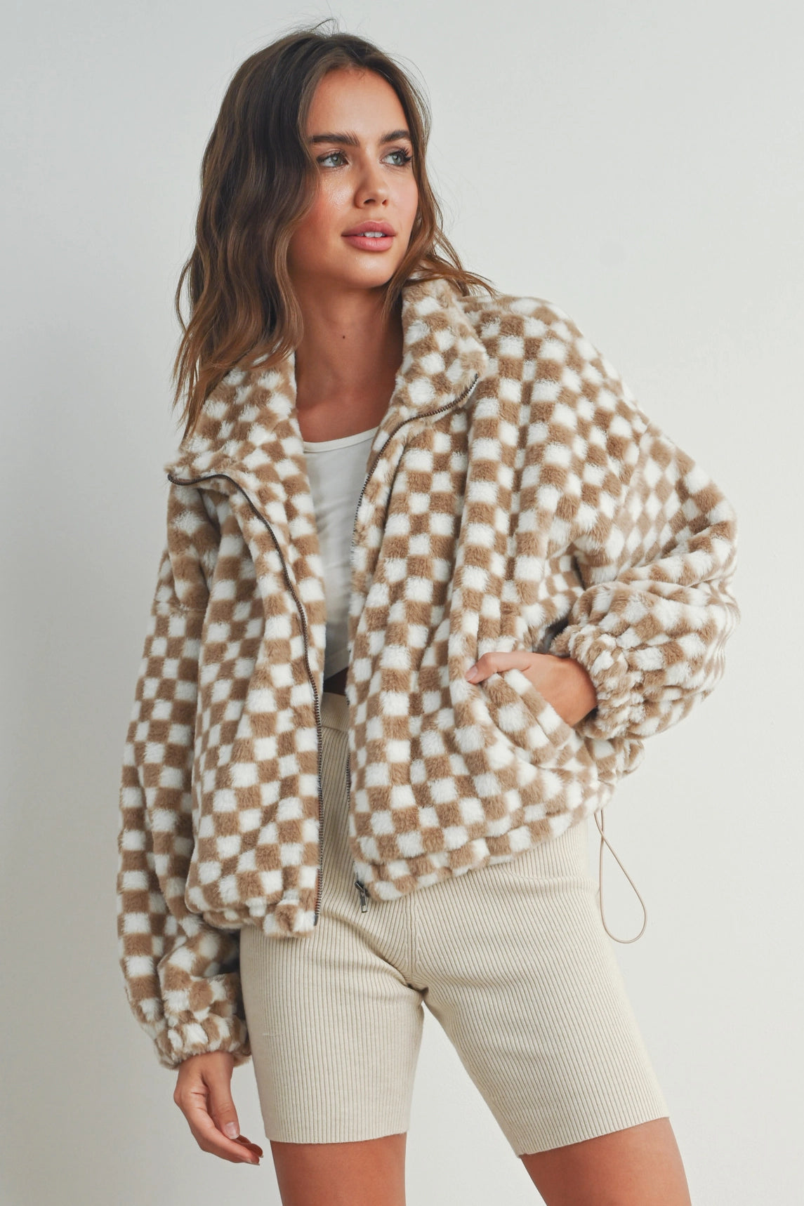 Fuzzy Sherpa Jacket - Taupe Nylon Jacket Polyester Jacket Spandex Jacket