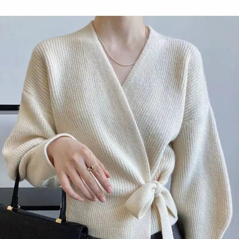 Women's V Neck Wrap Cardigan Knitted Tops Fashion Designer Jerseys Stylish Fashionable Trendy