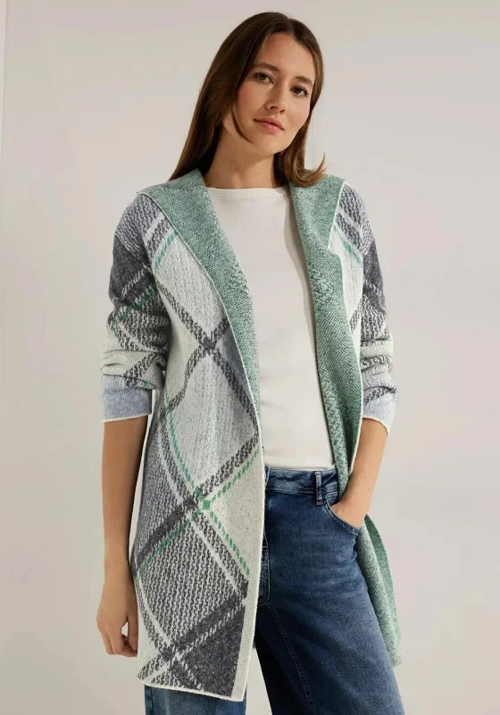 Cecil Argyle Hooded Long Knit Cardigan, Night Sky Blue Collared Crew Neck Turtle Neck