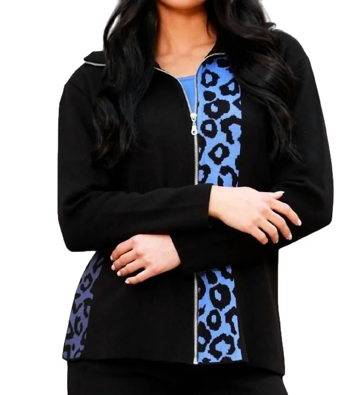 Leopard Zip Cardigan In Black/periwinkle Fitted Slim Tailored