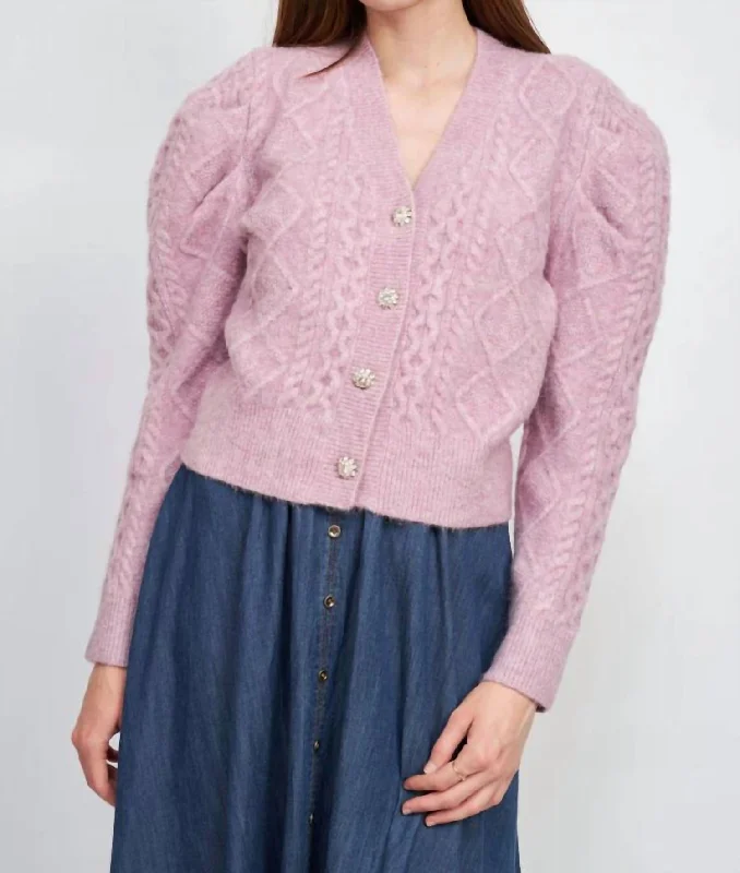 Sirka Cable Knit Puffed Sleeve Cardigan In Lilac Patchwork Embroidered Appliqued