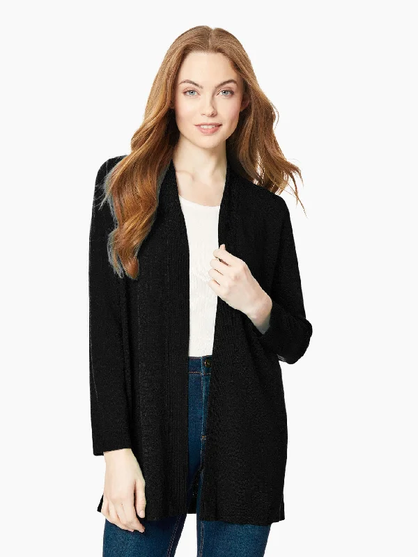 Plus Size Open-Front Ribbed Trim Knit Cardigan Fitted Slim Tailored