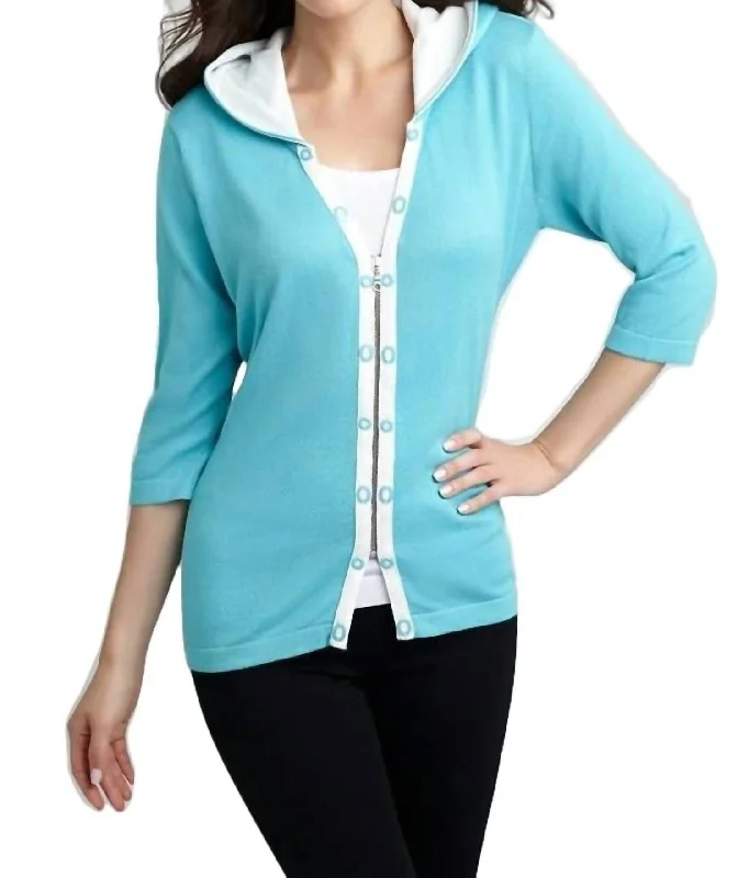 Rivet Hooded Knit Cardigan In Turquoise/white Embroidered Appliqued Beaded