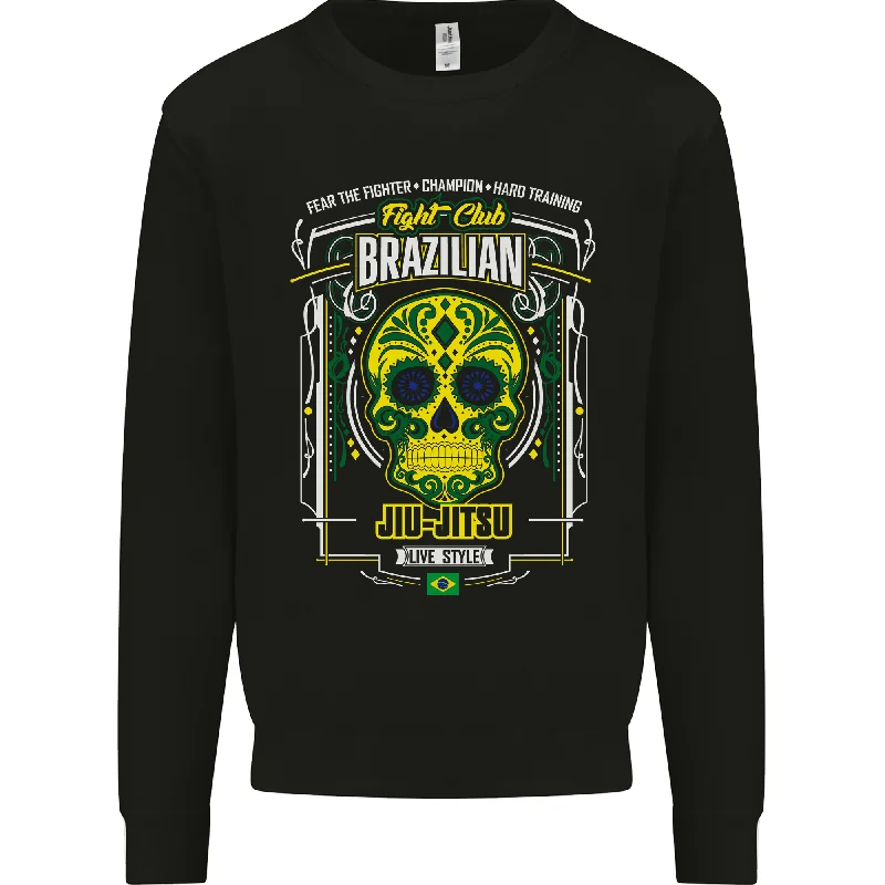 Brazilian Jiu Jitsu Skull MMA Martial Arts Mens Sweatshirt Jumper Hoodie with Hem Frayed Vintage Worn