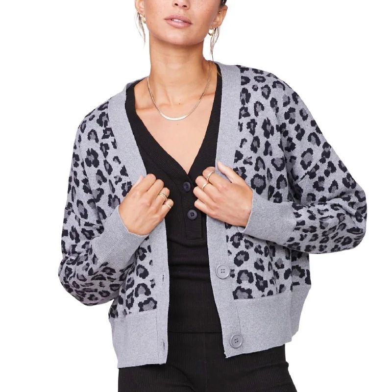 Oversized Leopard Cardigan In Heather Grey Elasticated Padded Insulated