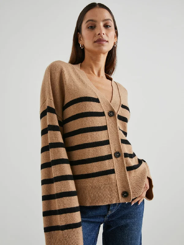 Geneva Cardigan - Camel Black Stripe Mesh Blend Leather Blend Suede Blend