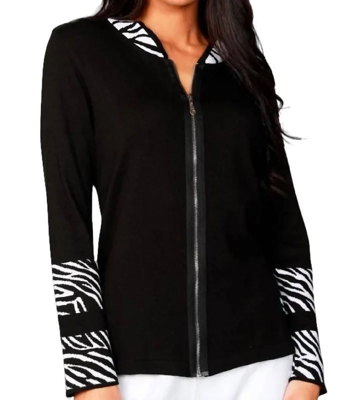 Long Sleeve Zip Cardigan In Black Embroidered Appliqued Beaded