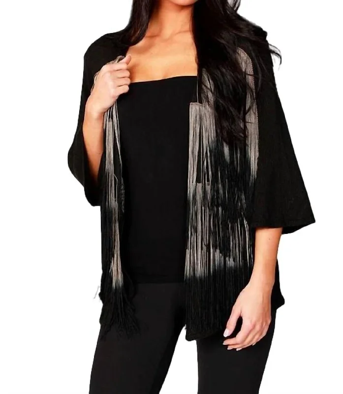 Layered Fringe Cardigan In Black/taupe Machine Wash Dry Clean Hand Wash