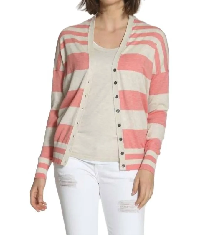 Striped Cotton Cardigan In Coral/ecru Anti-Pilling Anti-Shrink Durable